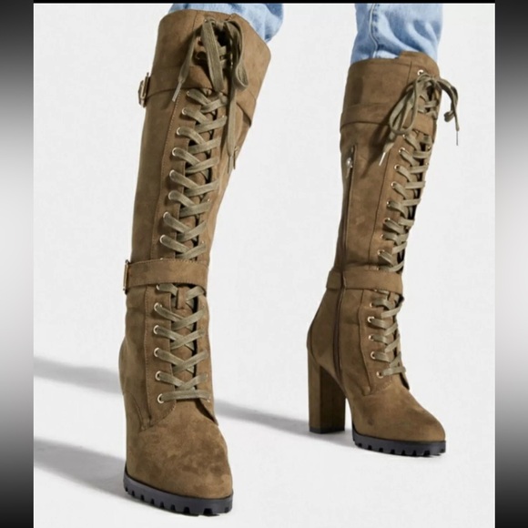 Shoe Dazzle Shoes - ‼️CLEARANCE Rangi Block Heeled Boots Olive Caviar Lace Up Women's 9